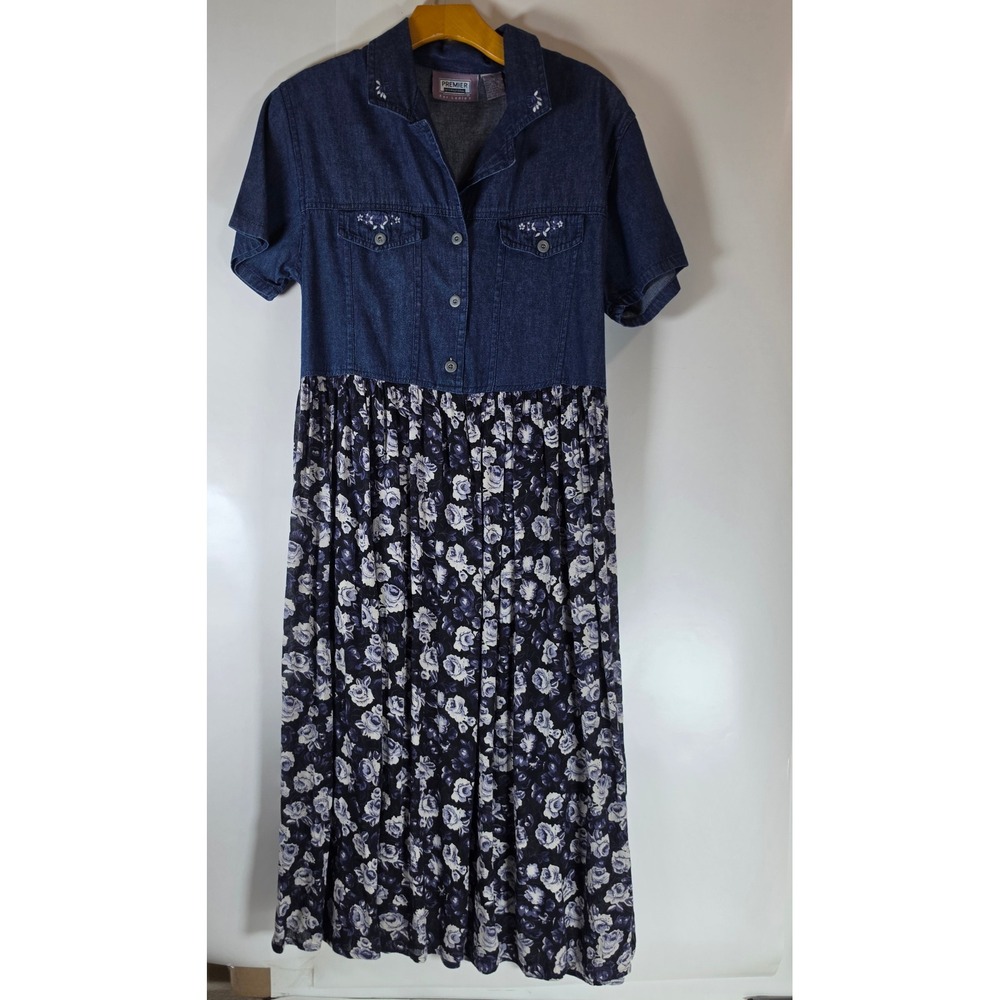Vintage‎ 90s Premier International Denim Floral Midi Dress Cottagecore Blue Med